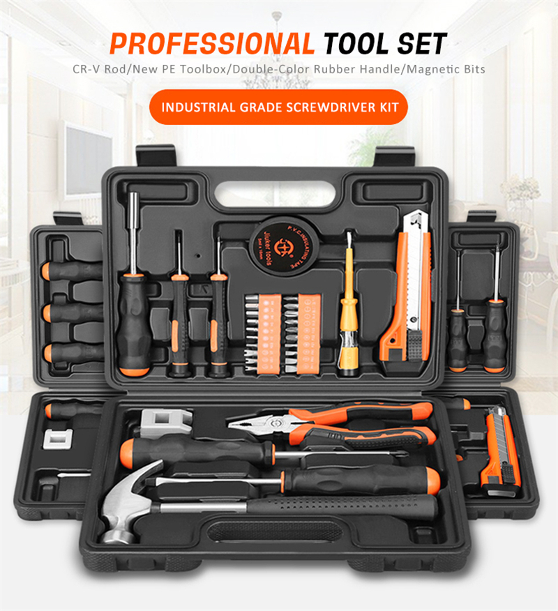 AllTools - kit d'outils manuels pour le bricolage, avec tournevis, pince, clé, couteau, marteau, boîte à outils en plastique - 1000-Cadeaux